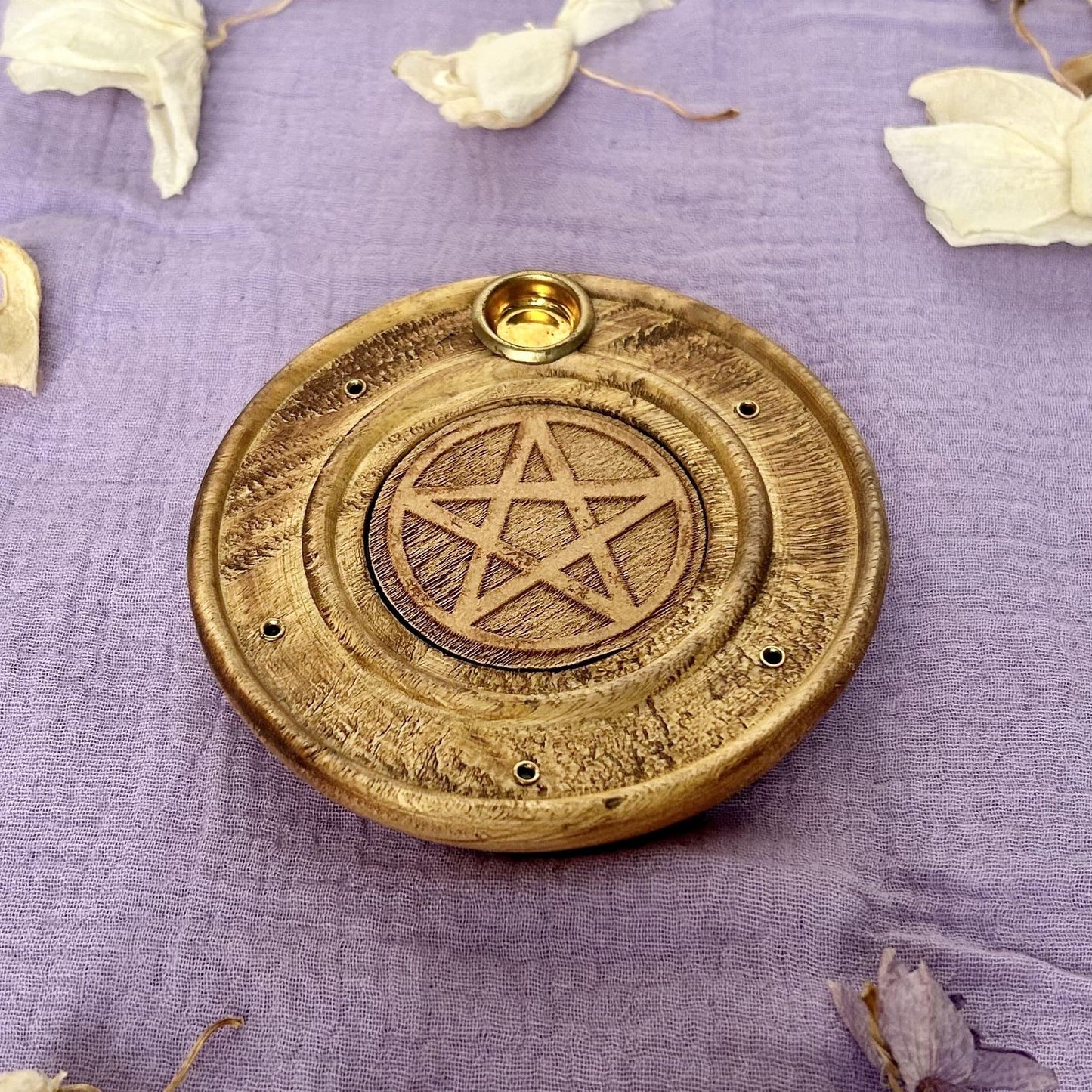 Porte-Encens Bois Rond (10cm) Pentagramme Pentacle